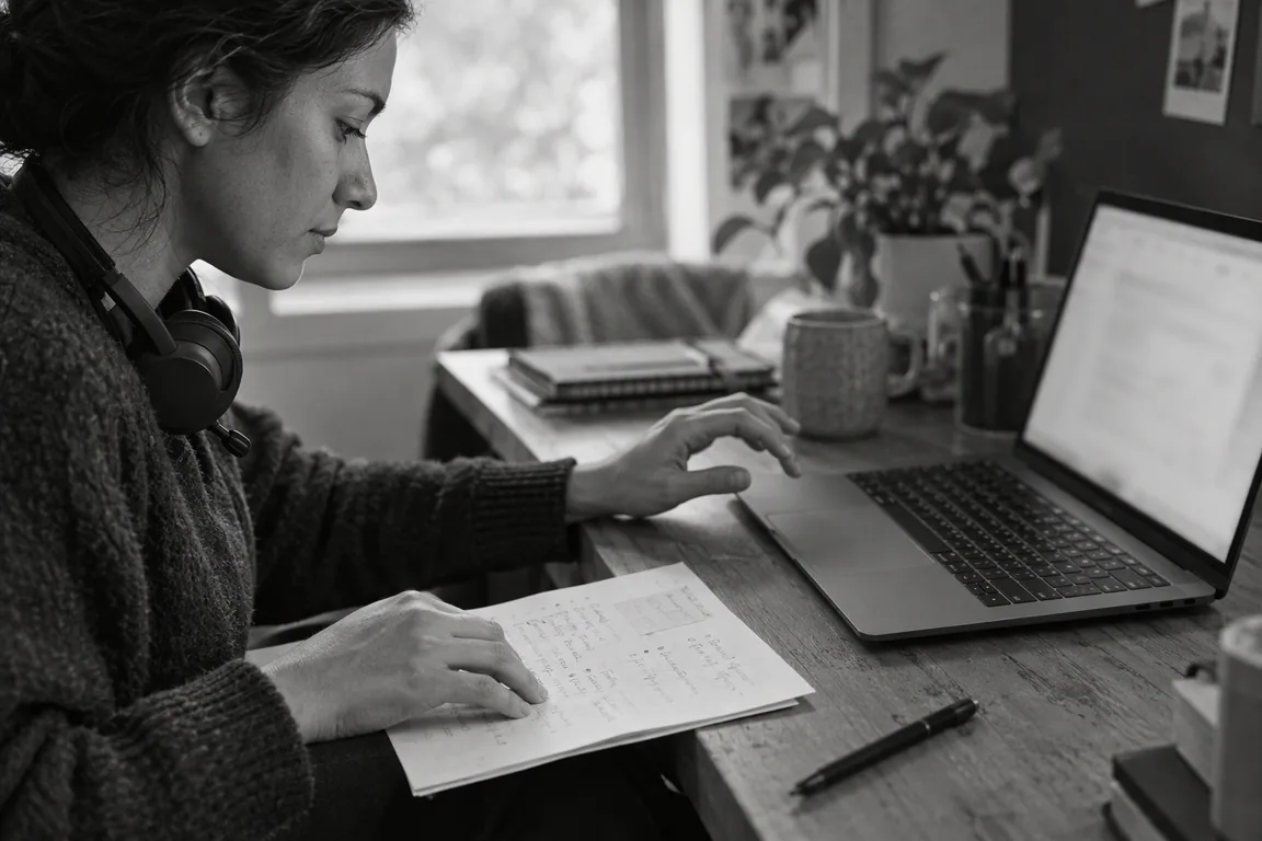 Illustrative scene of a person checking a case note before sharing a draft