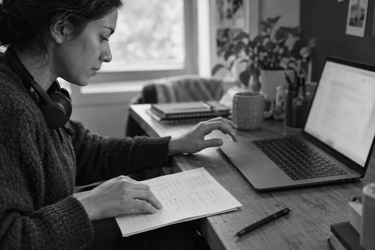 A person reviewing notes beside a laptop at a desk