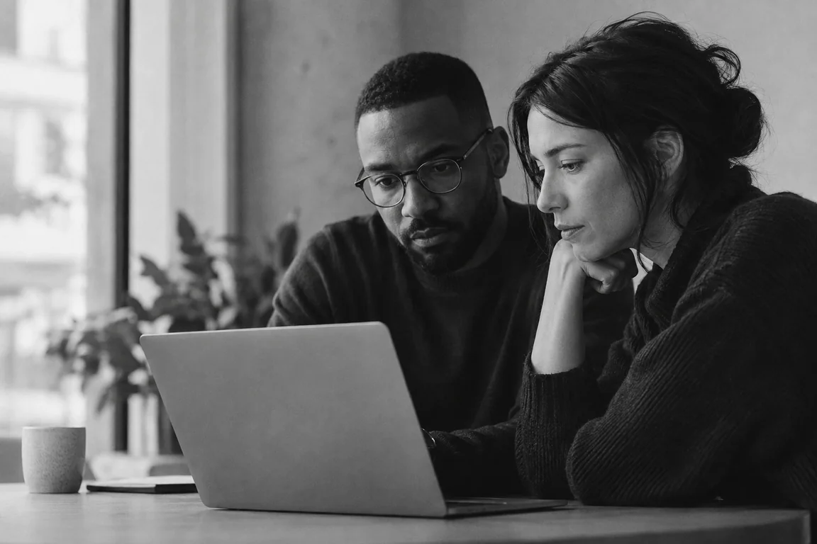 Illustrative workplace scene of two colleagues at a laptop